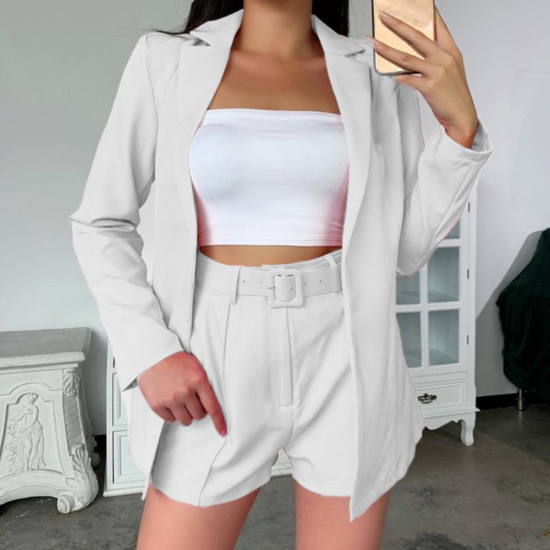 White Belted Casual Two-Piece Suit Set Size: L