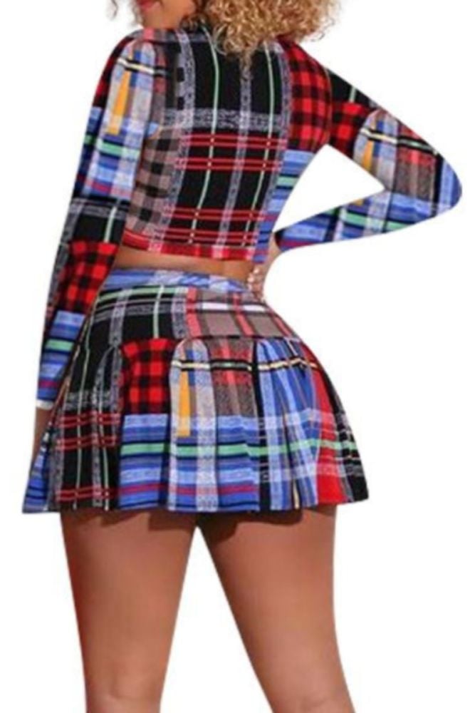 Printed Long Sleeve Pleated Skirt Two-piece Set Size: S