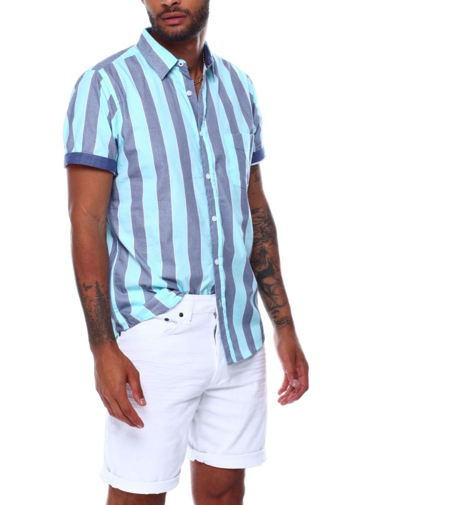 Aqua Stripe Short Sleeve Woven Shirt Size: L