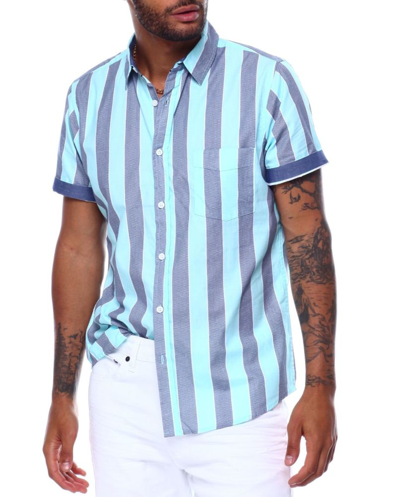 Aqua Stripe Short Sleeve Woven Shirt Size: L