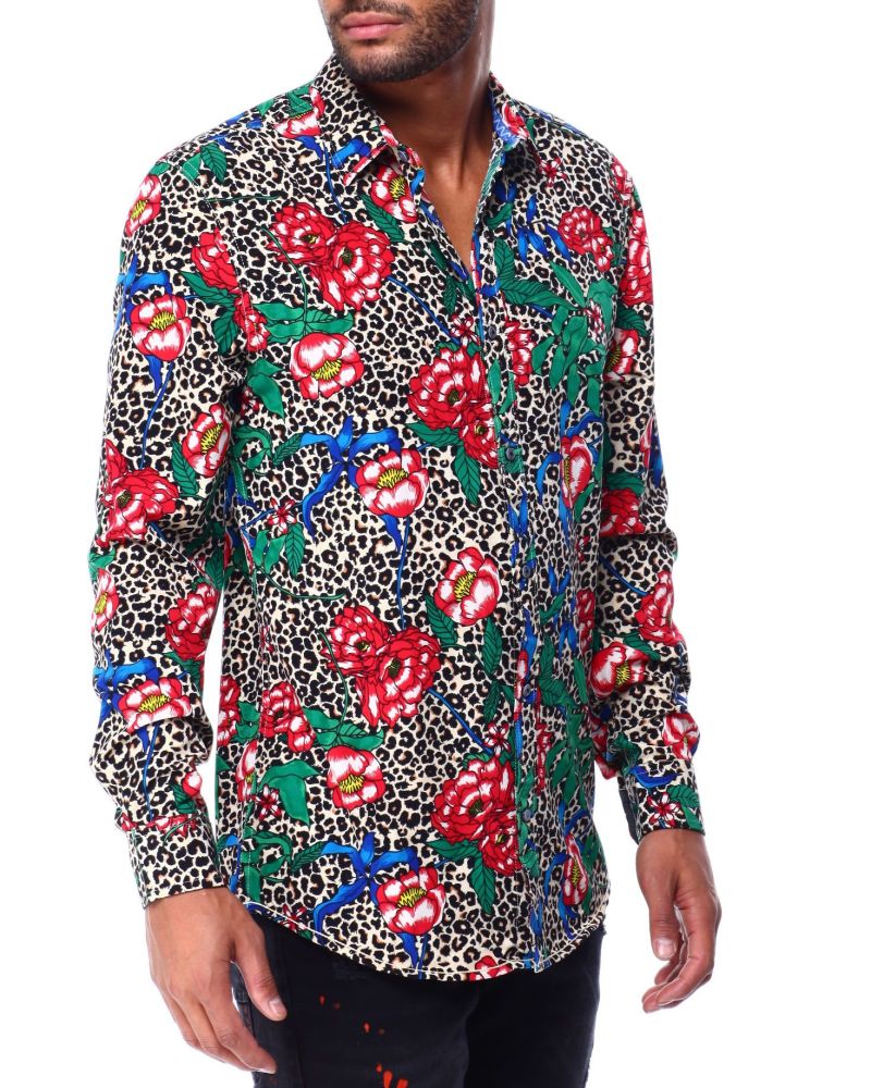 Leopard/Floral Long Sleeve Woven Shirt Size: M