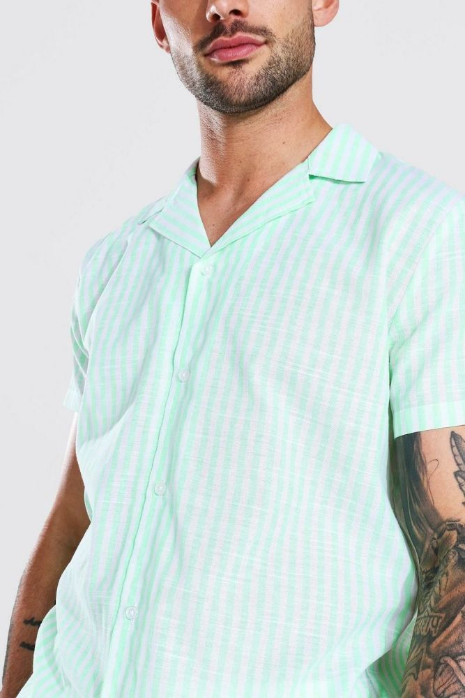  Short Sleeve Neon Stripe Cotton Shirt Size: M