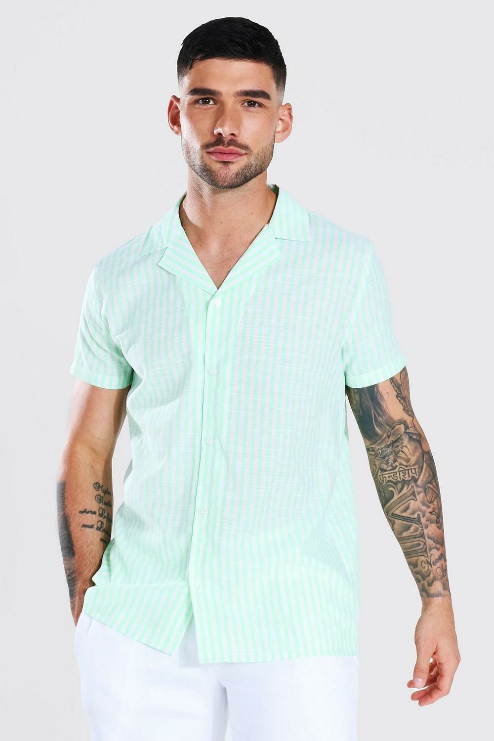  Short Sleeve Neon Stripe Cotton Shirt Size: M