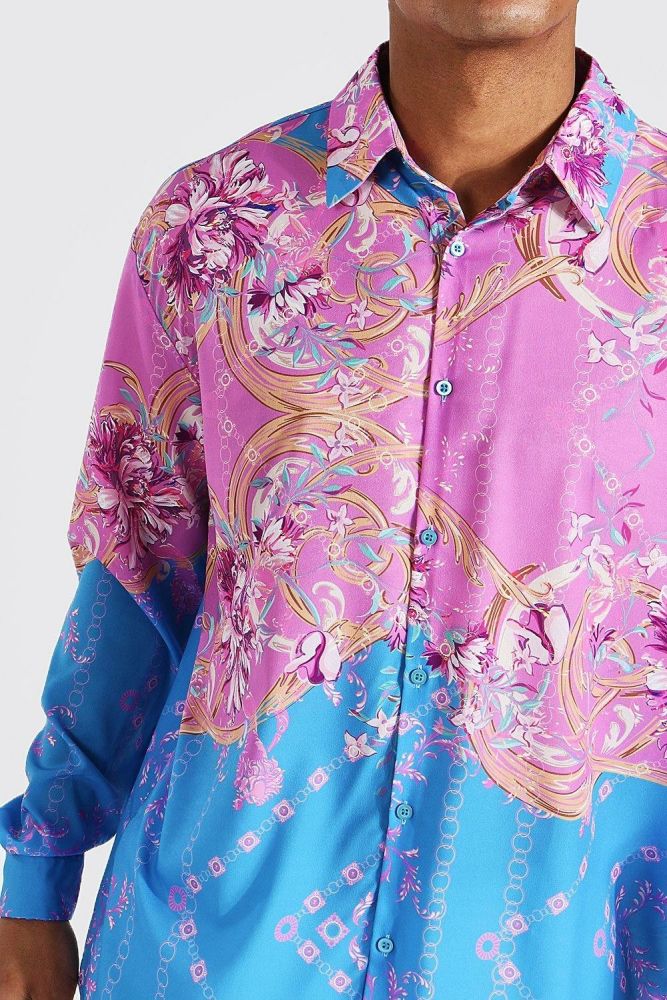  Long Sleeve Oversized Spliced Baroque Shirt Size: 1XL