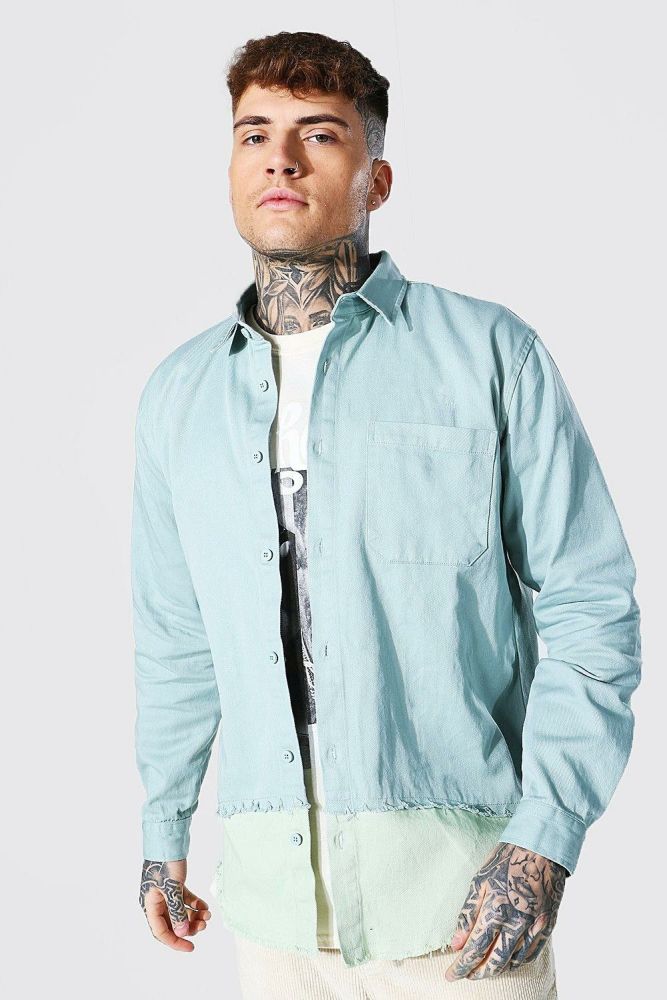 Teal Long Sleeve  Spliced Twill Oversize shirt Size: L
