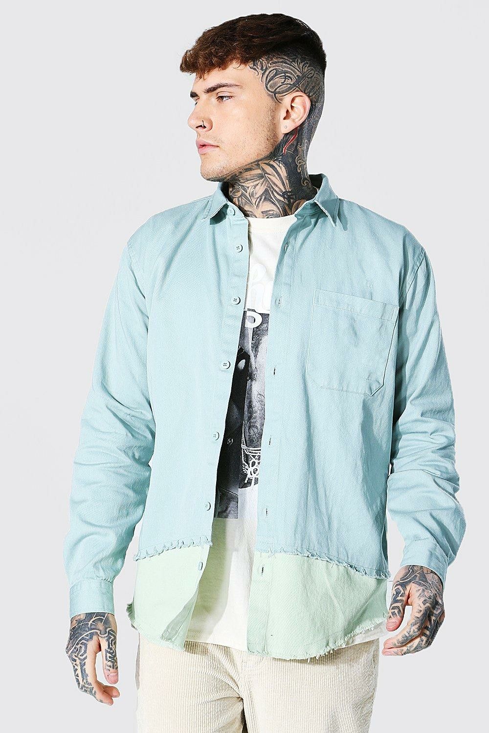 Teal Long Sleeve  Spliced Twill Oversize shirt Size: L