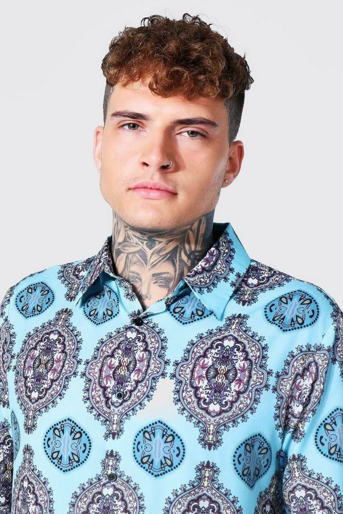 Blue Long Sleeve All Over Printed Shirt Size: L
