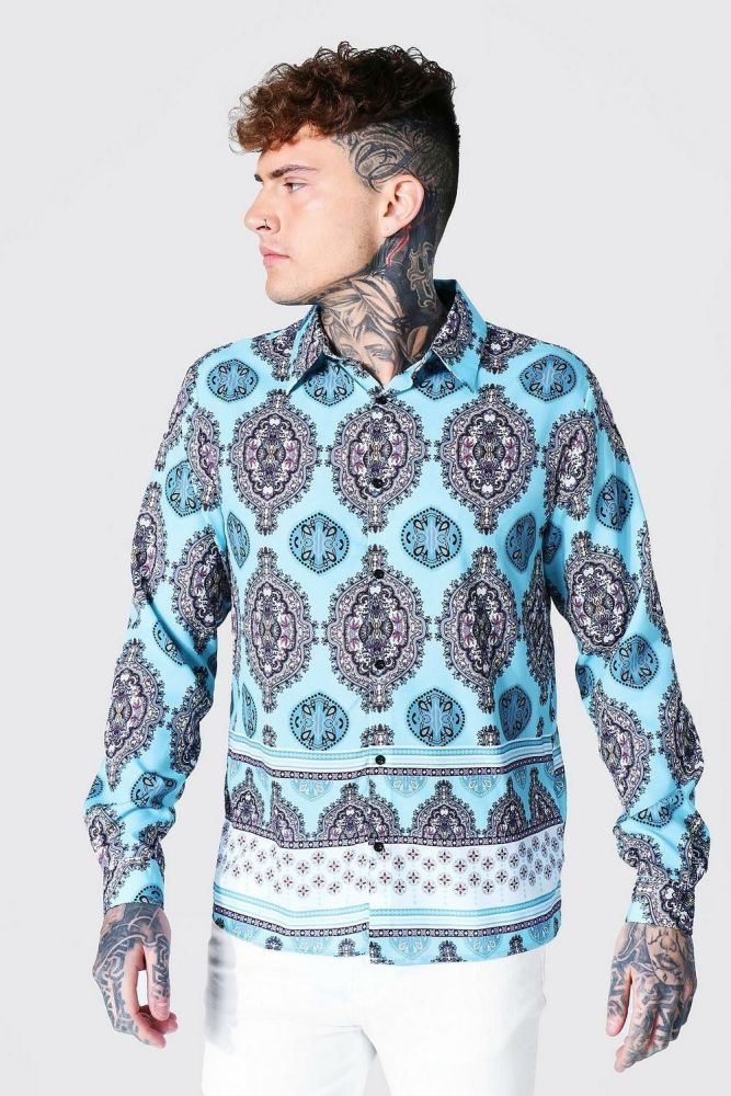 Blue Long Sleeve All Over Printed Shirt Size: L