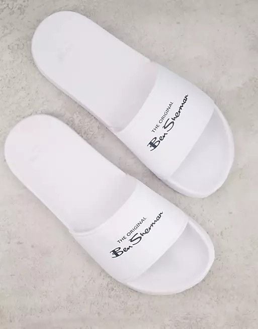 Ben Sherman White Logo Print Slippers Size: 9