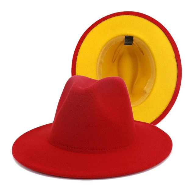 Fashion Red/Yellow Wide Brim Wool Jazz Fedora Hat Size: OS