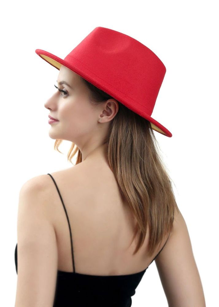 Red/Neon Orange Unisex Wide Brim Wool Jazz Fedora Hat Size: OS