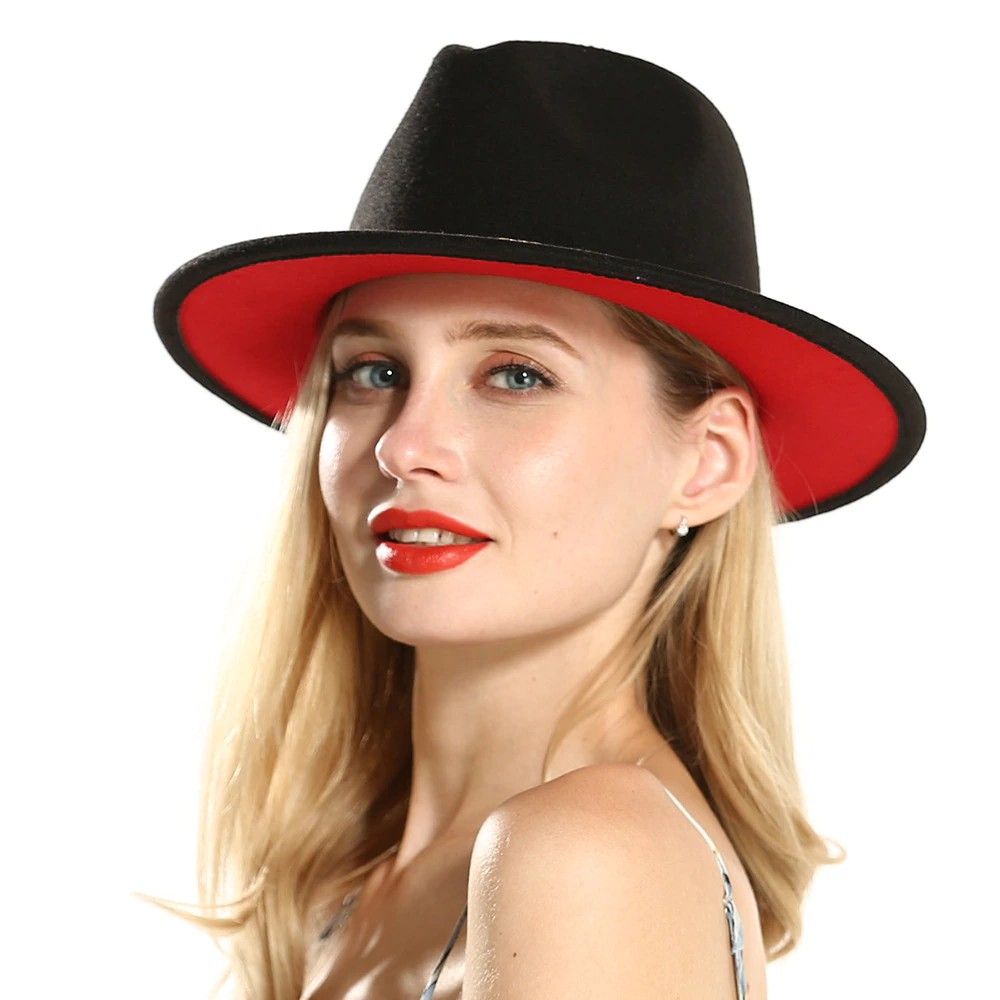 Black/Red Wide Brim Wool Jazz Fedora Hat Size: OS