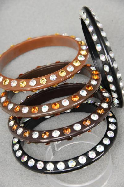 Brown Tone Fashion Acrylic Bracelet Bangle/Clear Stones 2 Sides (Extra Larg