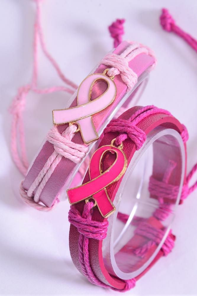 Leather Pink Ribbon Gold Trim Adjustable Bracelet 