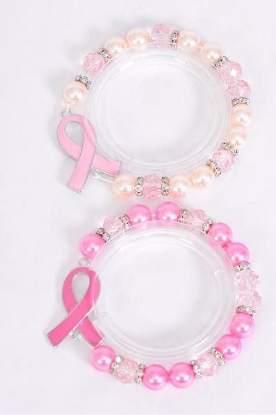 Breast Cancer Awareness Fashion Pink Ribbon Pearl/Rhinestone Bracelet