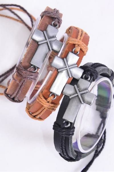 Leather Band Silver Sideways Cross Bracelet 