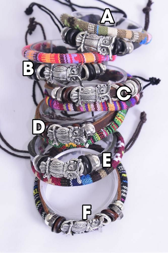 Leather/Owl Wrap Mix Adjustable Bracelet 