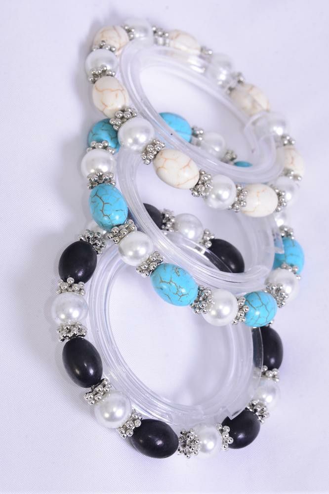 10mm Glass Pearl & 12mm Oval Semiprecious Stone Mix Stretch Bracelet 
