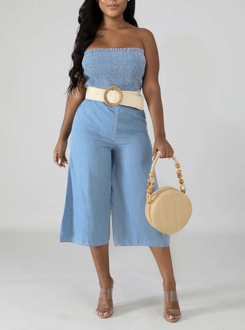 Denim Tube Top Capri Jumpsuit Size: S