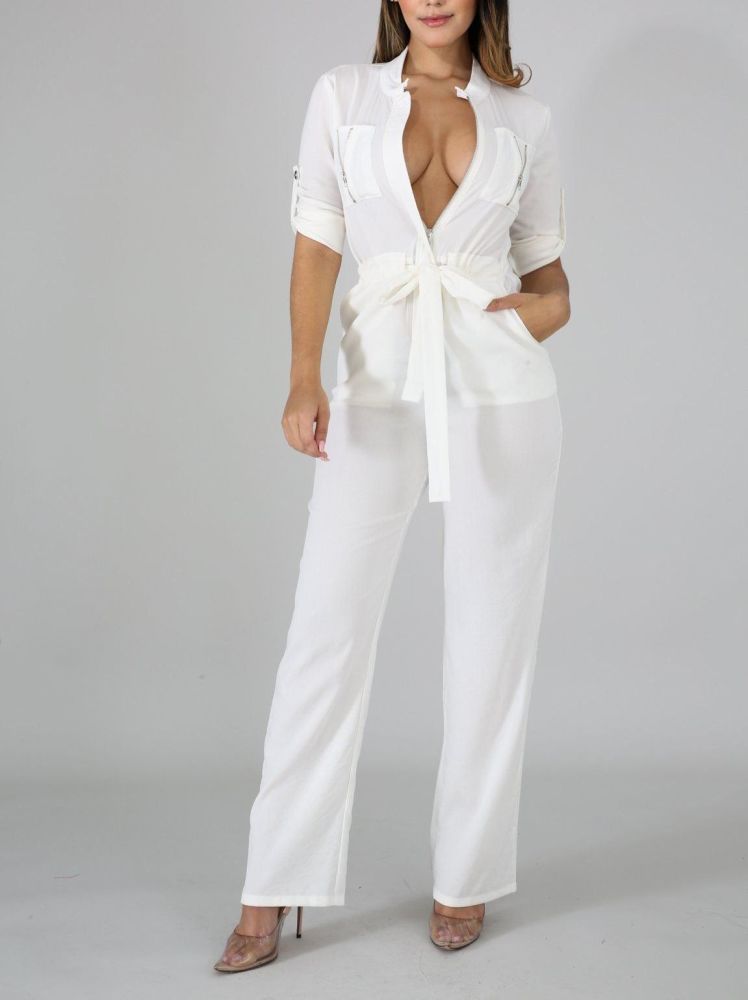 Long Sleeve White Jumpsuit Size: M