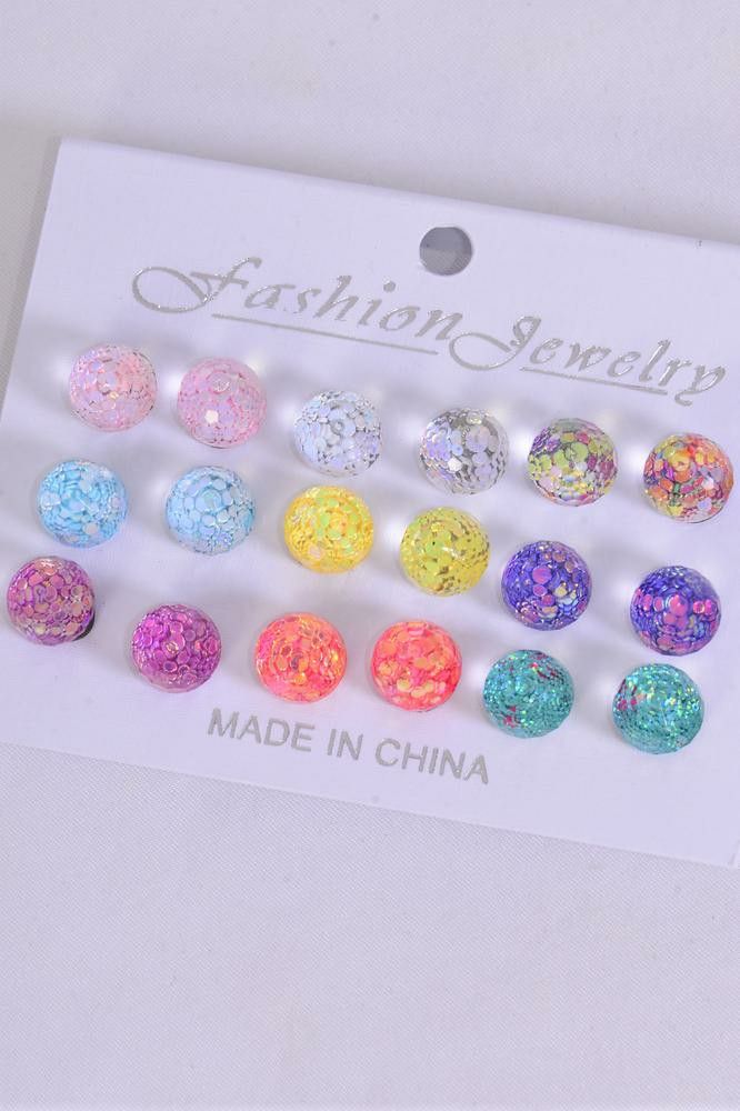 10mm 9 Pair Glass Cut Glitter Cube Fashion Stud Earrings
