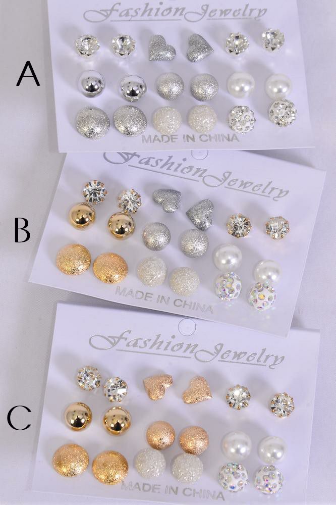 12 Pair Stud Gold/Silver Mix Stud Earrings