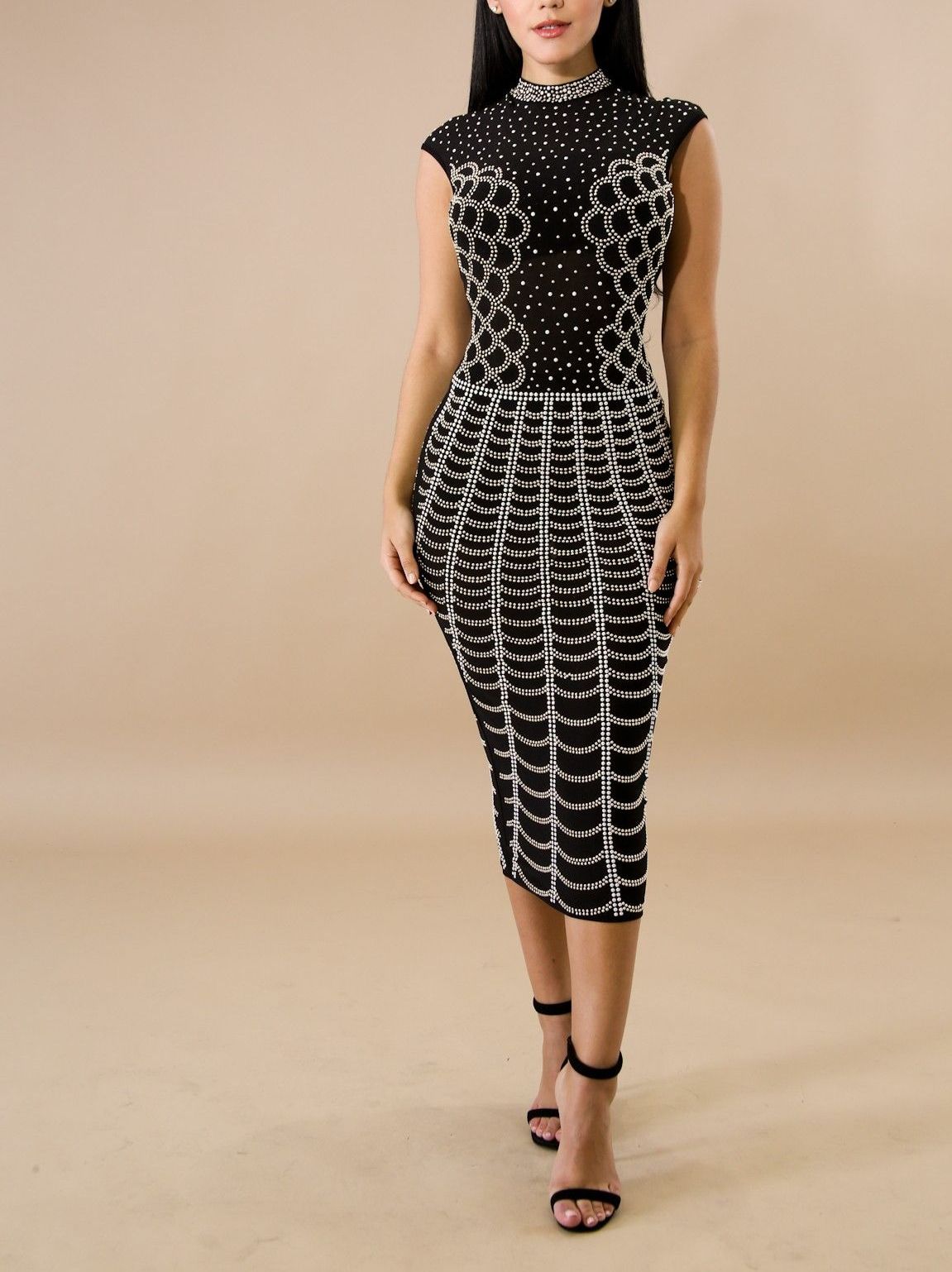 A673 Black Stud Midi Dress Size: S