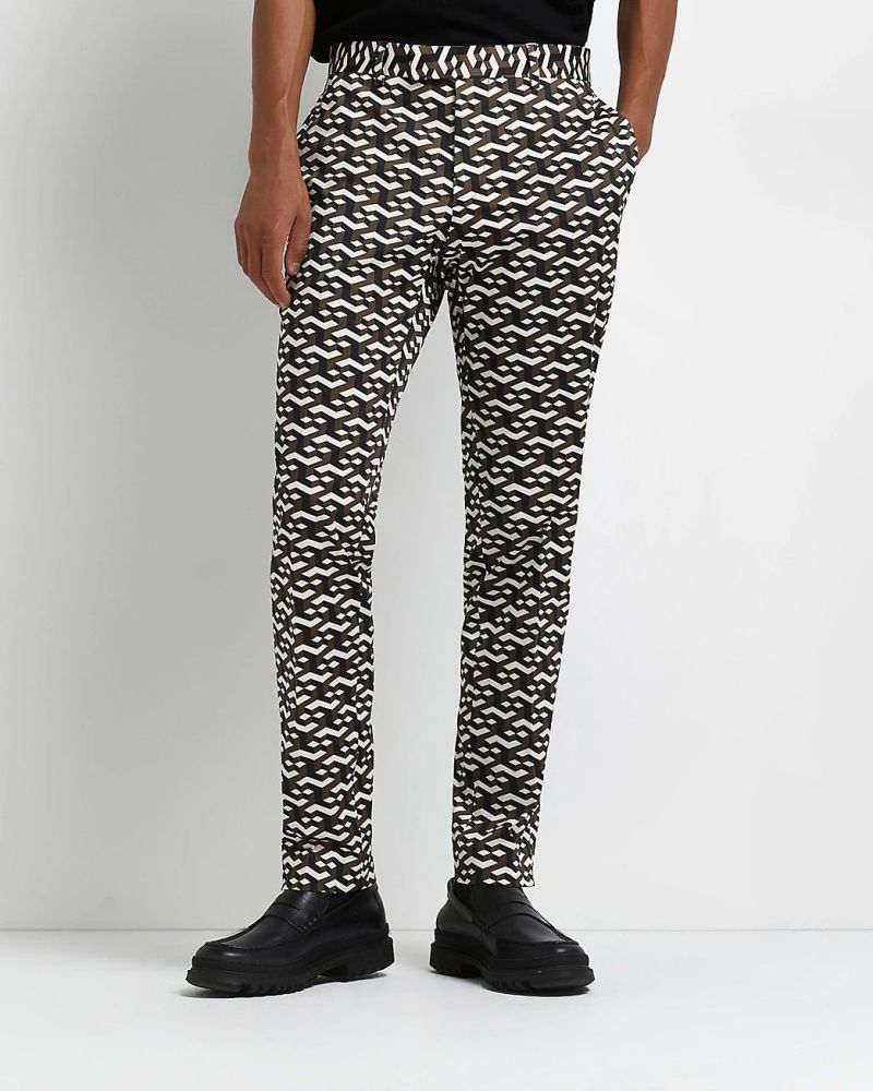 Black Skinny Fit Geo Printed Suit Trousers Size: 32R