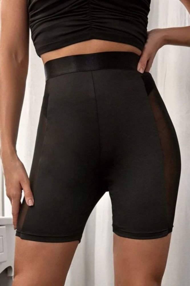 Black Stretch High Waist Mesh Sports Shorts 