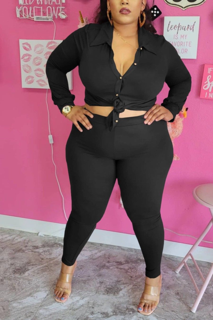 Black Stretch Long Sleeve Two-Piece Set Size: 2XL