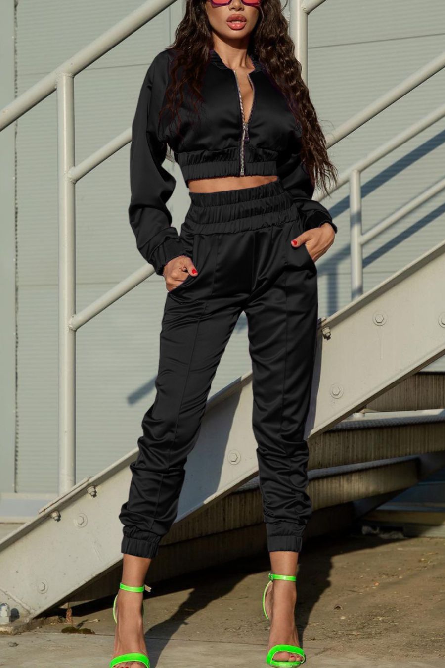 Black Zip-Up Two-Piece Set Size: L