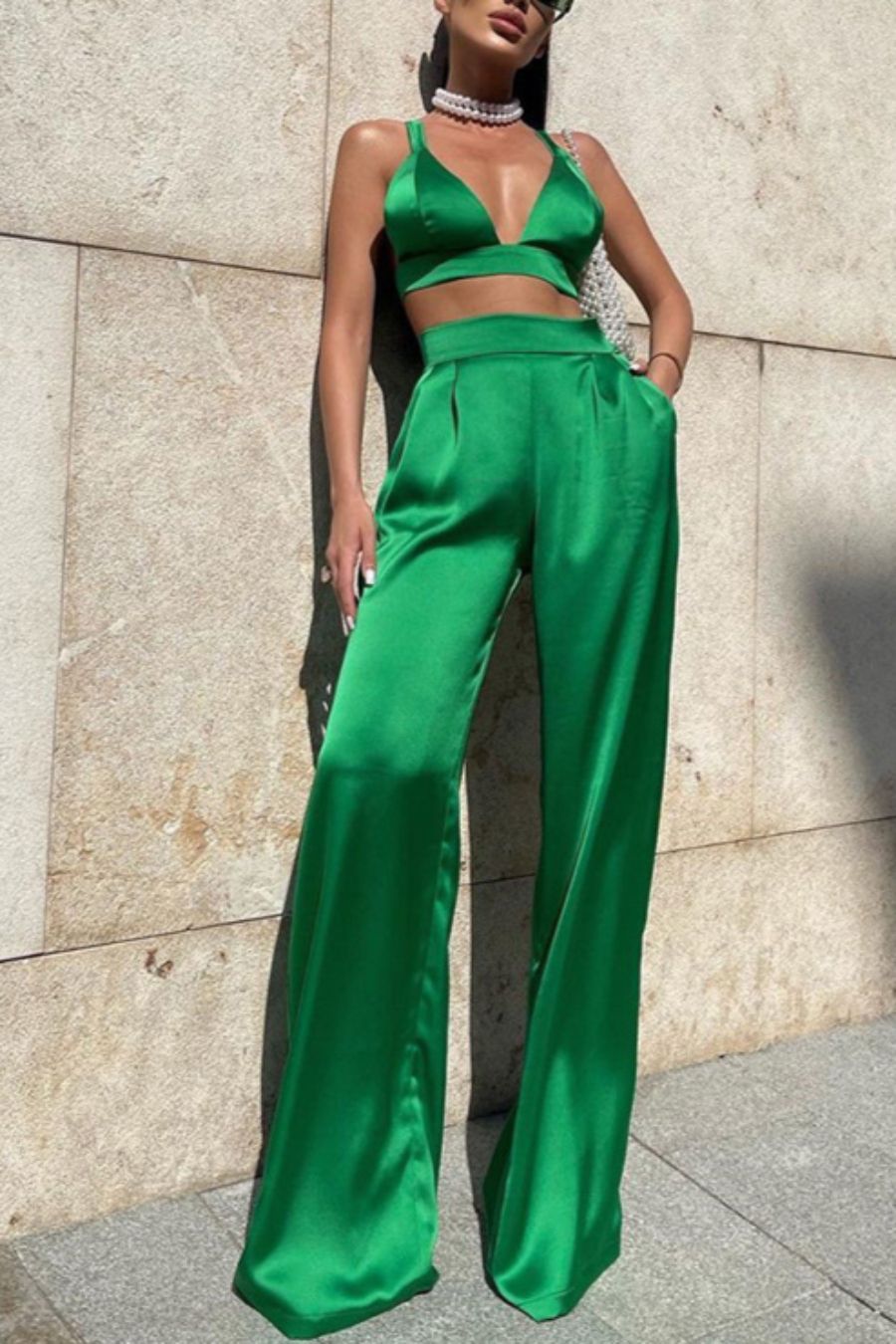 Green Lace-Up Wide-Legs Pant Two-Piece Set Size: M