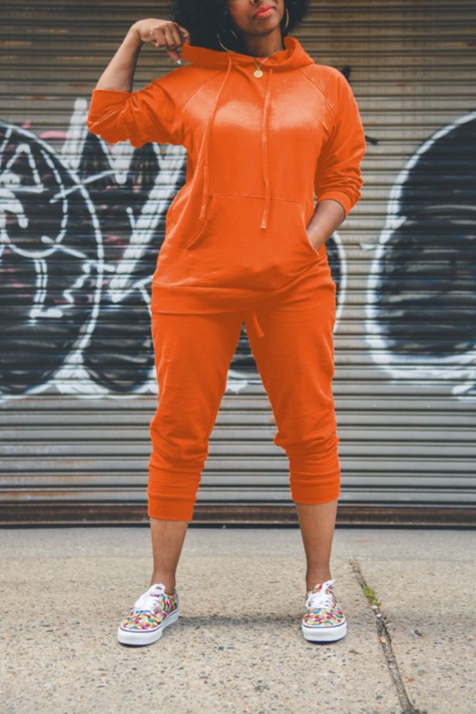 Orange Hooded Long Sleeve Stretch Two-Piece Set Size: 2XL