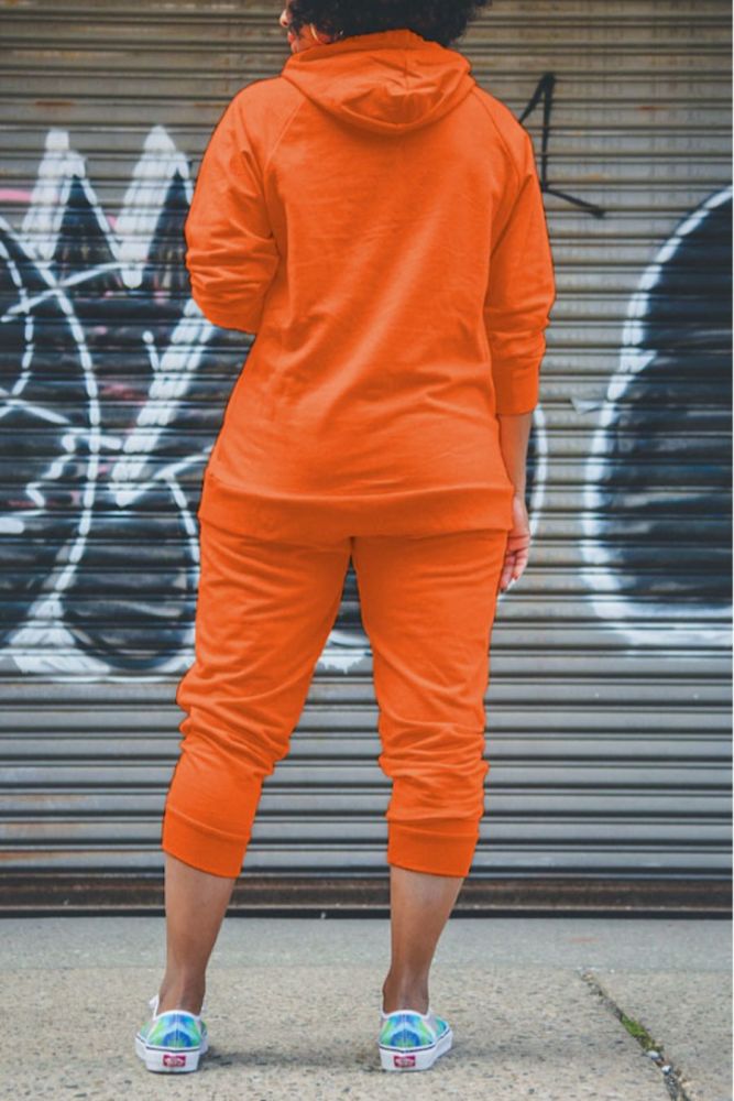 Orange Hooded Long Sleeve Stretch Two-Piece Set Size: 2XL