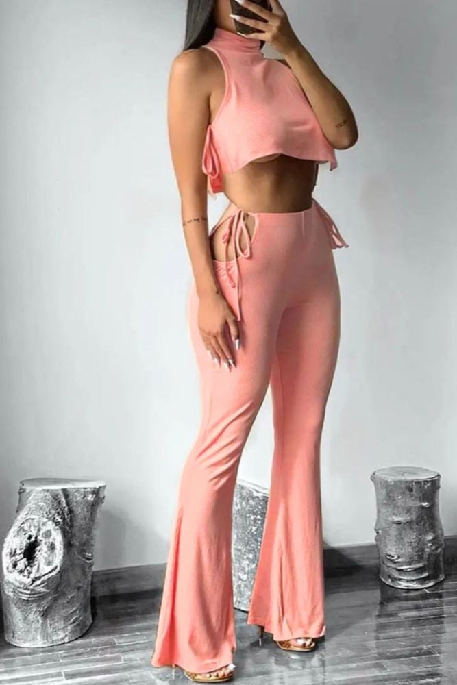 Pink Stretch Lace-Up Flare Pants Two-Piece Set Size: ML