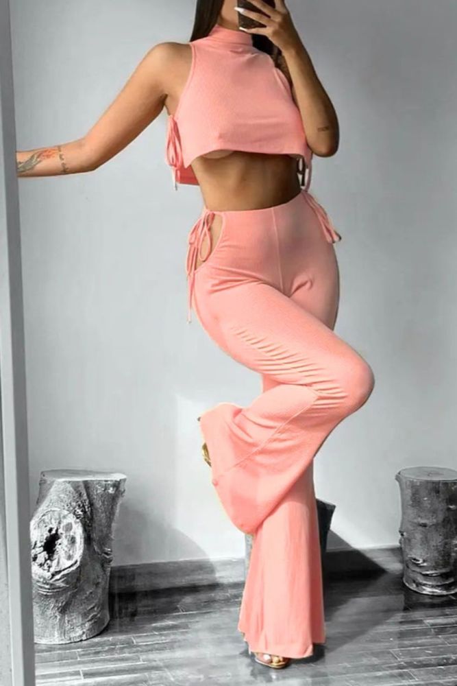 Pink Stretch Lace-Up Flare Pants Two-Piece Set Size: ML
