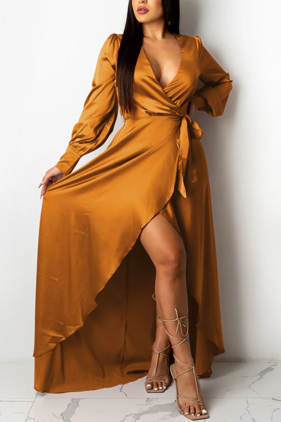 Gold Long Sleeve Slit Lace Up Sexy Dress Size: 2XL