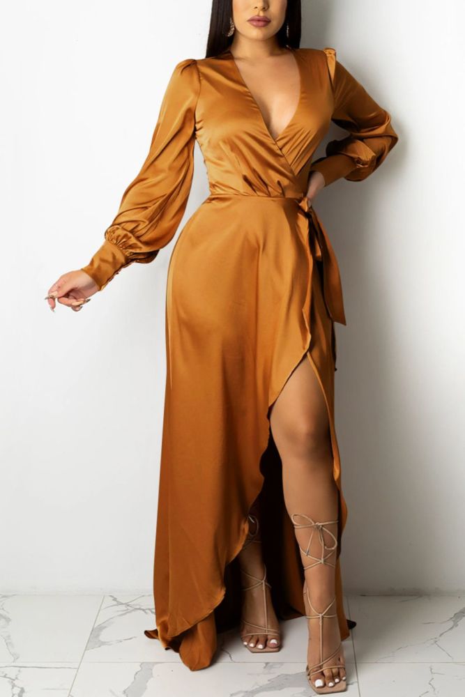 F022 Gold Long Sleeve Slit Lace Up Sexy Dress Size: 2XL