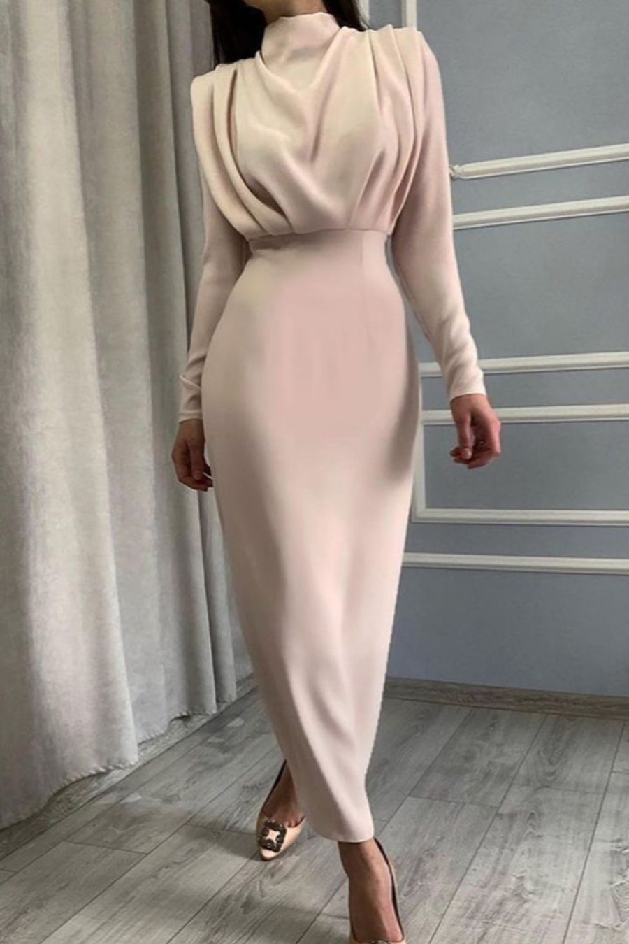 Beige Slim Fit Midi Dress Size: L