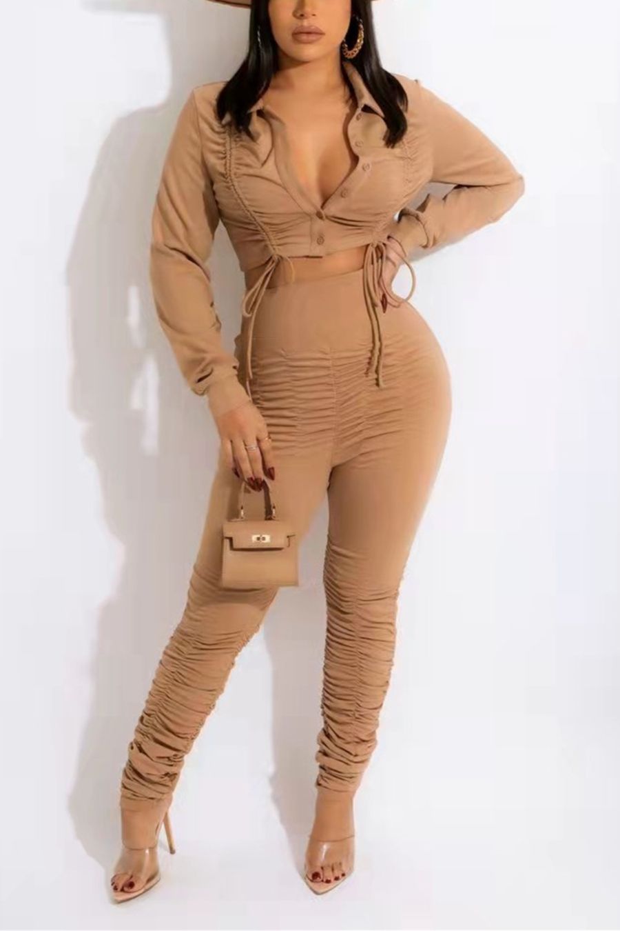 Khaki Pleated Zip-Up Long Sleeve Two-Piece Set Size: M