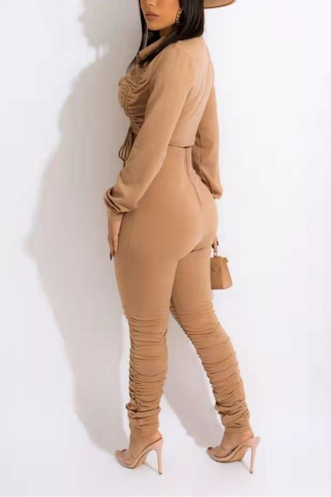 Khaki Pleated Zip-Up Long Sleeve Two-Piece Set Size: M