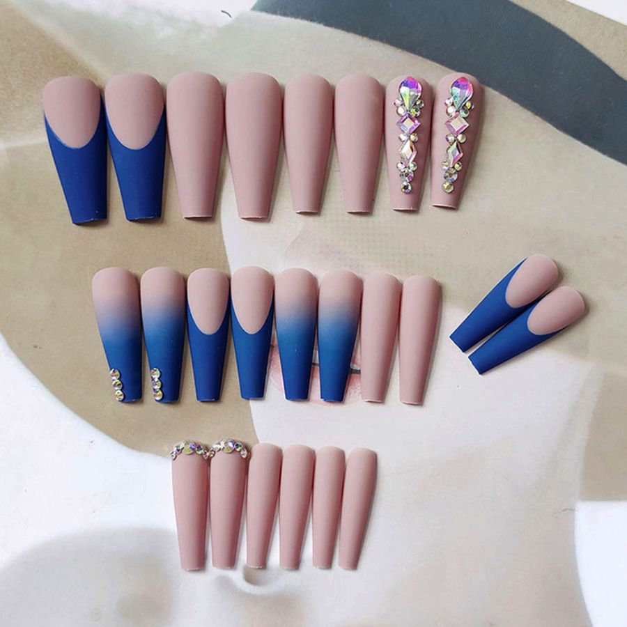 Dark Blue/Rhinestones Fashion Nails Set 24 Pieces