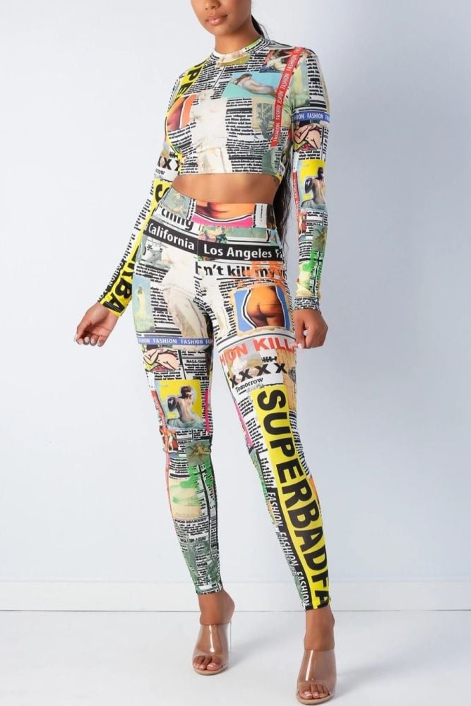 Long Sleeve Printed Stretch Two-Piece Set Size: S