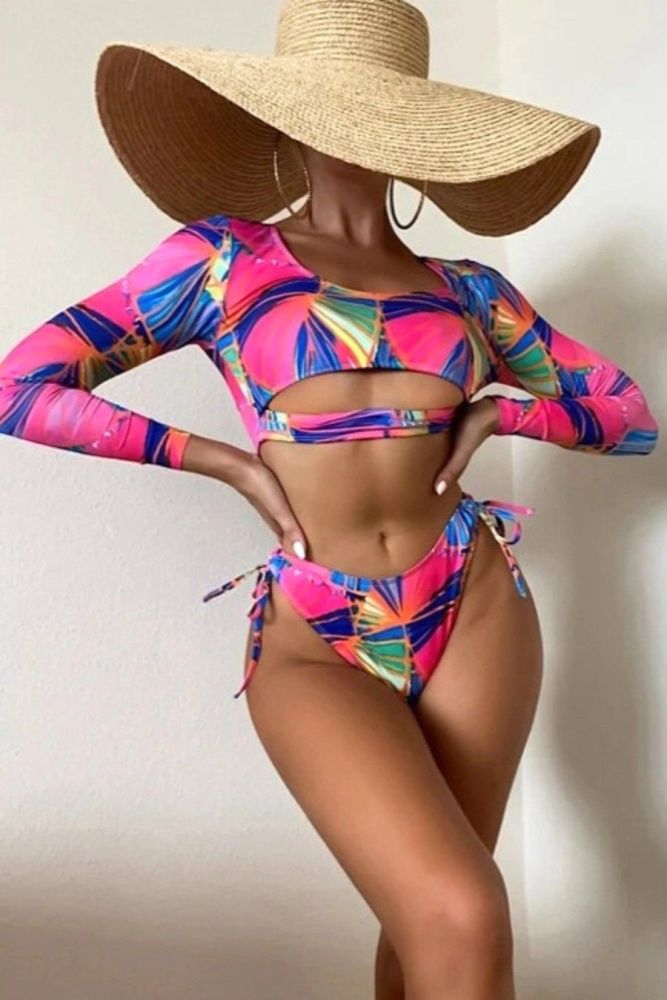 Multicolor Print Padded Long-Sleeve Lace-Up Two-Piece Swimsuit Size: L
