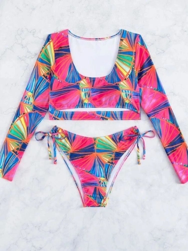 Multicolor Print Padded Long-Sleeve Lace-Up Two-Piece Swimsuit Size: L