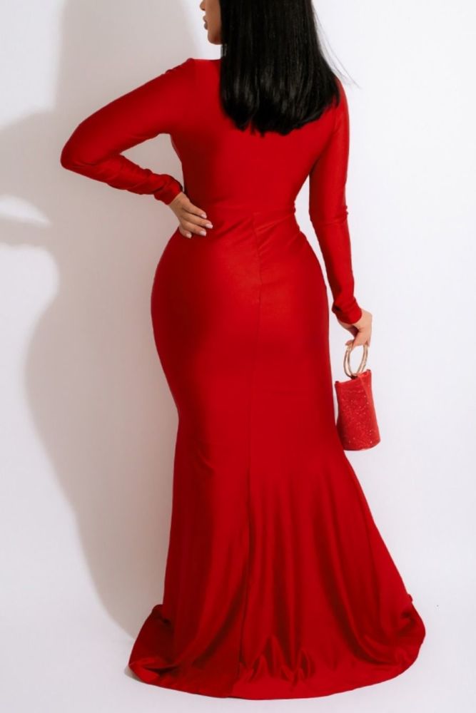 F020 Red Deep V/Slit Stretch Pleated Long Dress Size: 2XL