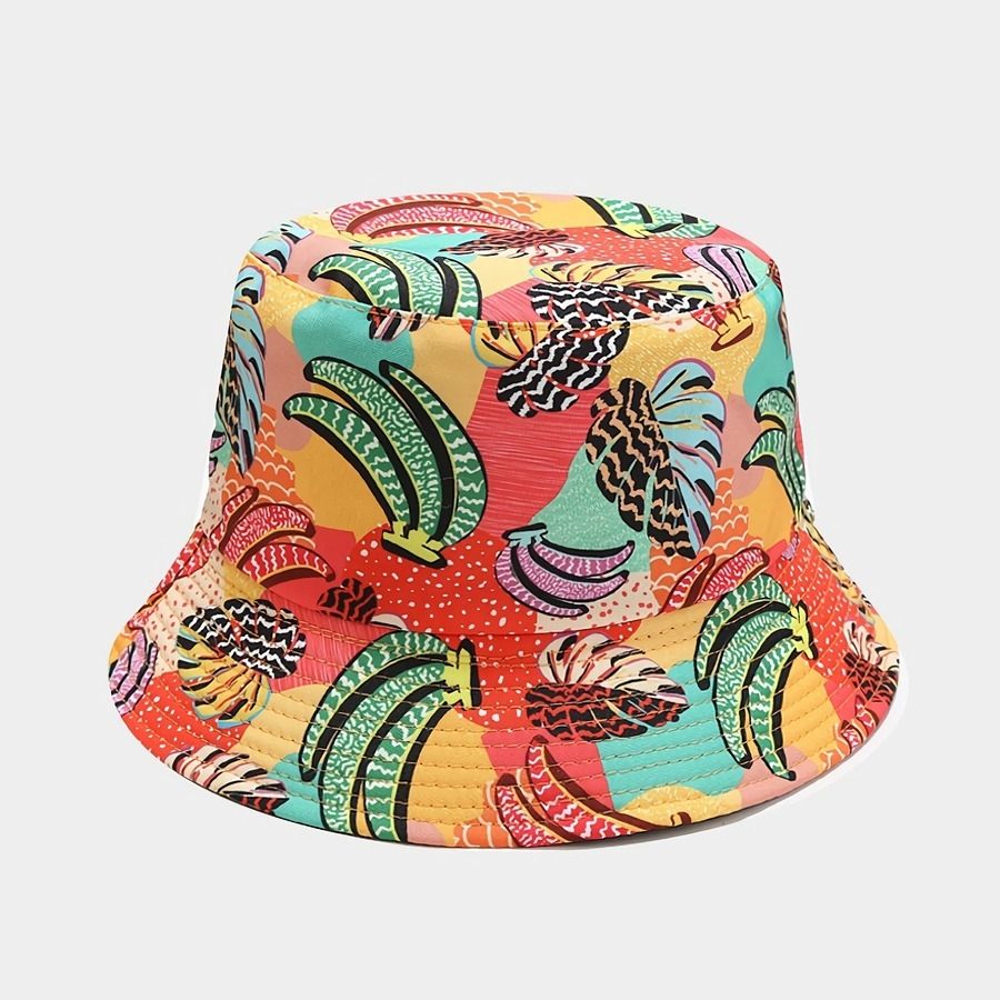 Colorful Banana Leaf Printed Double-Sided Outdoor Bucket Hat Size: OS
