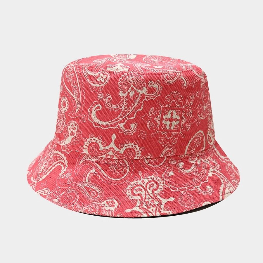 Red Printed Double-Sided Outdoor Bucket Hat Size: OS