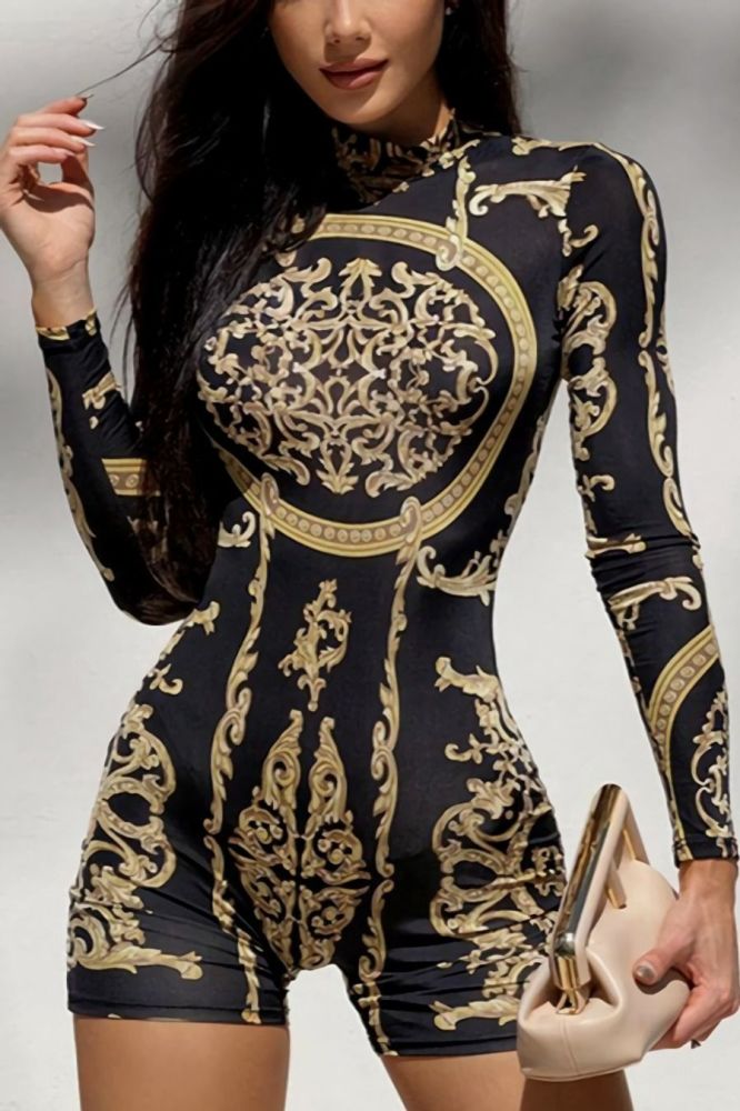 Printed Long Sleeve Stretch Slim Fit Playsuit Size: L