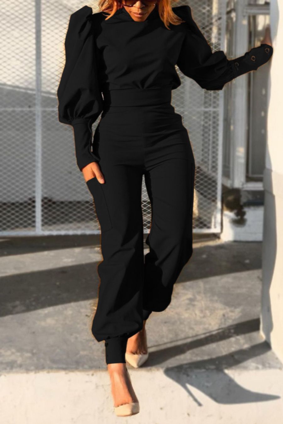 Black Puff-Sleeve High Waist Two-Piece Set Size: M